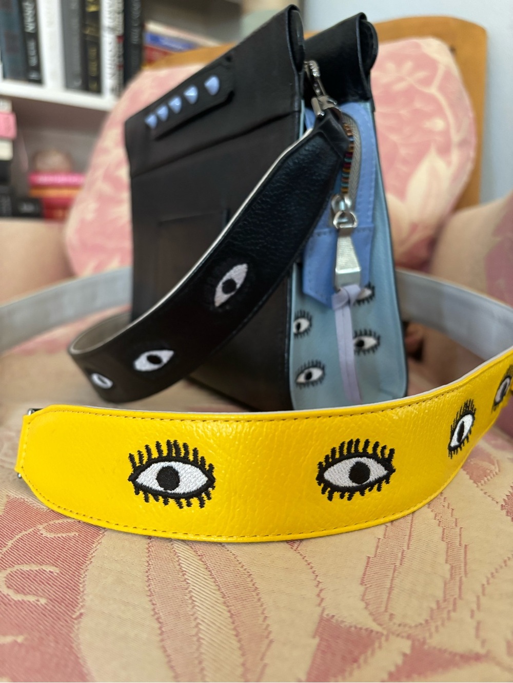 Min and Mon Vail Crossbody blue yellow eyeball designer handbag
